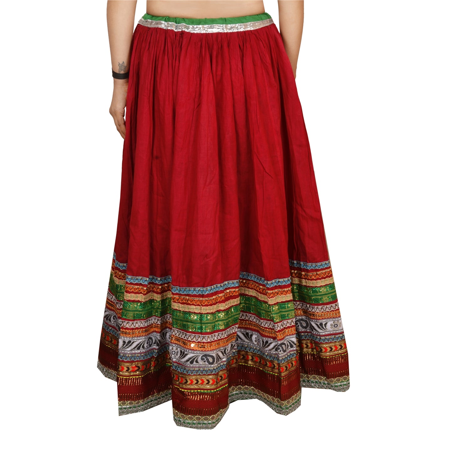 Sanskriti Maroon Cotton Embroidered Gopi Skirt | Long Party Wear Lehenga with Lace Work
